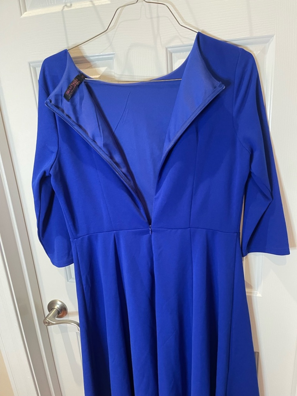Royal Blue Fit-and-Flare Midi Dress with Three-Quarter Sleeves - Picture 8 of 12